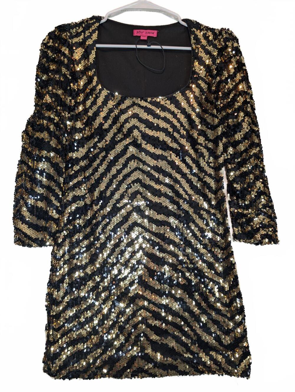 Betsey Johnson Sequin Chevron Bodycon Dress Black Gold Long Sleeve Womens S
